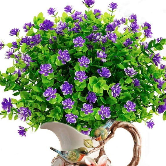 GRNSHTS 6 Bundles Artificial Flowers Outdoor UV Resistant Fake Plastic Plants Faux Greenery Shrubs Indoor Outside Hanging Planter Home Kitchen Office Wedding Garden Decor (Purple)