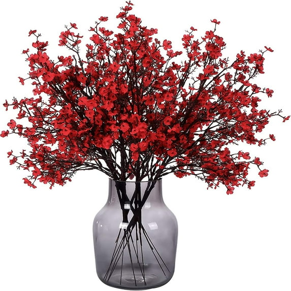 GRNSHTS 6 Pcs Artificial Flowers Fake Babys Breath Bouquet Bulk Faux Gypsophila Flowers Real Touch Silk Flower for Home Office Wedding Christmas Party Decor (Red)