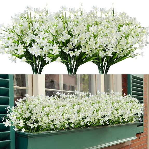 GRNSHTS 8 Bundles Artificial Flowers Outdoor UV Resistant Outdoors Fake Plants Faux Plastic Flower in Bulk for Hanging Planters Outside Porch Vase Home Window Decoration (White)