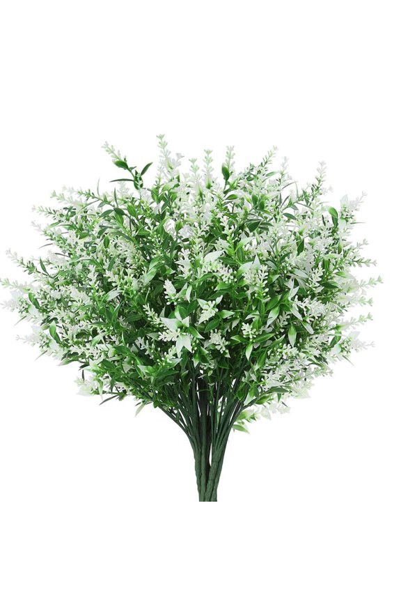8Pcs Artificial Lavender Outdoor Plants UV Resistant Fake Flowers Purple Faux Lavender Plastic Greenery Stems Decor for Front Porch Planters Decoration (White)
