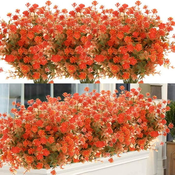 GRNSHTS 6 Bundles Artificial Flowers Bouquet Fake Green Plants for Home Party Wedding Porch Window Decor, Indoor Living Room Bedroom Decor(Green Orange)