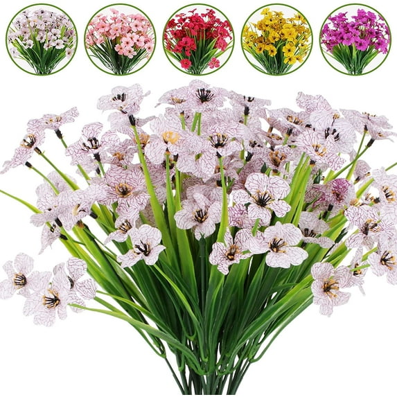 GRNSHTS Artificial Outdoor Flowers Violet 12 Bundles UV Resistant Fake Plastic Faux Greenery Plants for Wedding Home Garden Porch Decoration