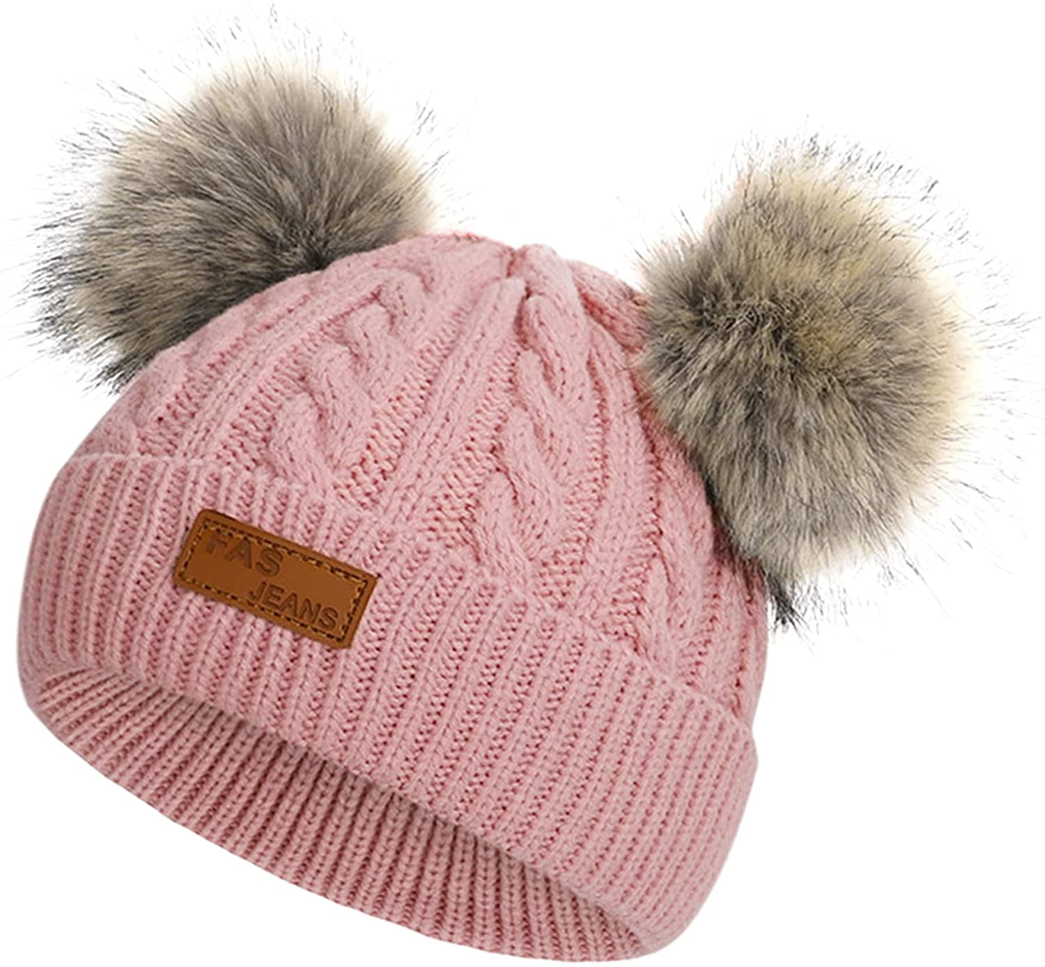 Cute Bear Pom-Pom Knitted Winter Beanie Cap for Babies – Pink main image 1