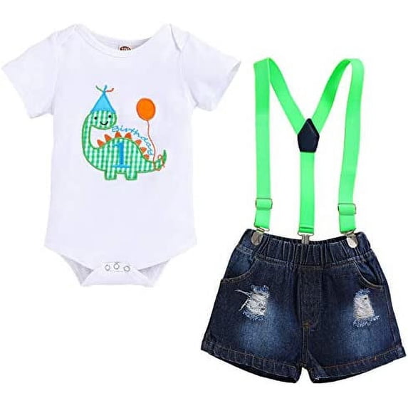 GRNSHTS Baby Boys 1st Birthday Shark Outfit Short Sleeve Shark Romper Suspenders Ripped Denim Pants Clothes Set 12-18 Months
