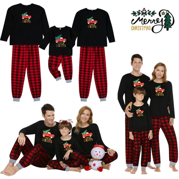 GRNSHTS Christmas Family Matching Pajamas Set Merry Christmas Letter Printed Car Top Red Plaid Pants Set Adults Kids Holiday Sleepwear Pjs