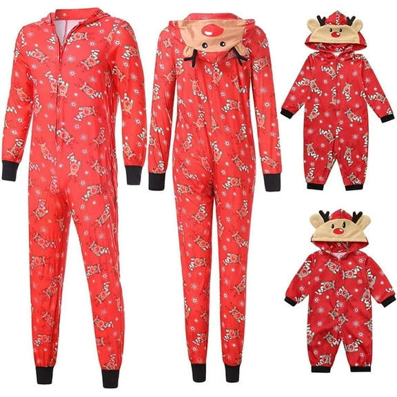 GRNSHTS Christmas Matching Family Jumpsuits Xmas Reindeer Hooded Onesies Zipper Romper Holiday Costume Sleepwear