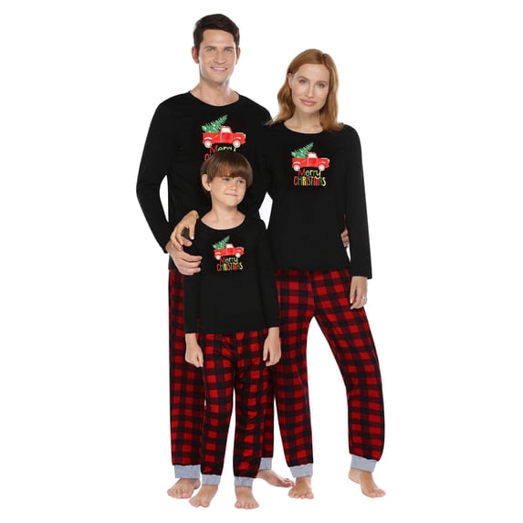 GRNSHTS Christmas Matching Family Pajamas Sets Cotton Long Sleeve PJ's Print Top and Plaid Pants Jammies Sleepwear(Black,2/3T)