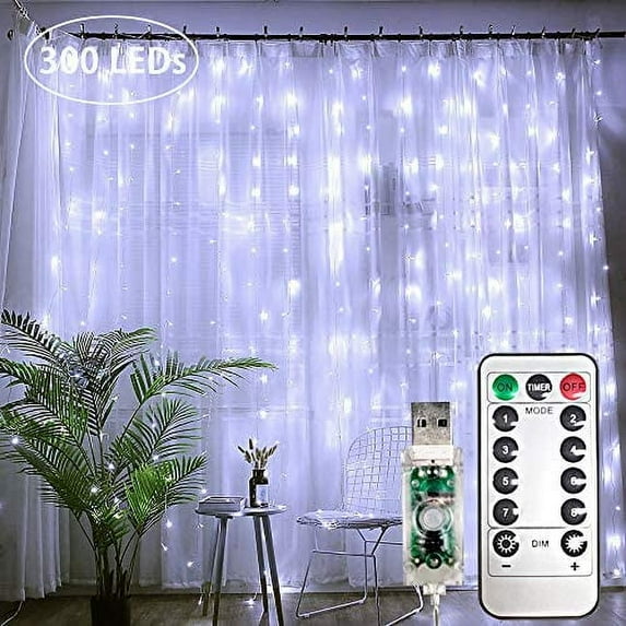 GRNSHTS Curtain String Lights 300 LEDs Window Curtain Fairy Lights Copper Wire Twinkle String Lights USB Remote Control 8 Modes Hanging Lights for Bedroom Indoor Home Wedding Decor (White)