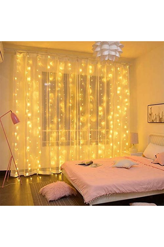 Curtain String Lights 300 LEDs Window Curtain Fairy Lights Copper Wire Twinkle String Lights USB Remote Control 8 Modes Hanging Lights for Bedroom Indoor Home Wedding Decor (Yellow)