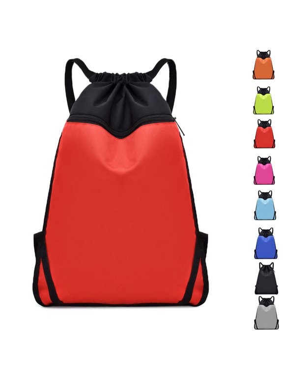 Drawstring Bag Backpack Gym Bags Sacks String Swim PE Bag Large Sports Bag for Womens Mens with Zipper ,Lightweight,Waterproof,18.9 * 13.8in (Red)
