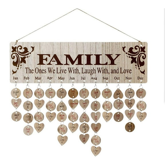 GRNSHTS Creative pendant Family Birthday Board DIY Wooden Calendar Wall Hanging Birthday Reminder Plaque with 100 wooden tags(Family Style)
