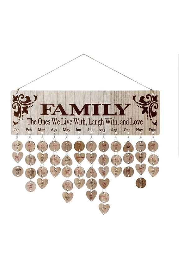 Creative pendant Family Birthday Board DIY Wooden Calendar Wall Hanging Birthday Reminder Plaque with 100 wooden tags(Family Style)