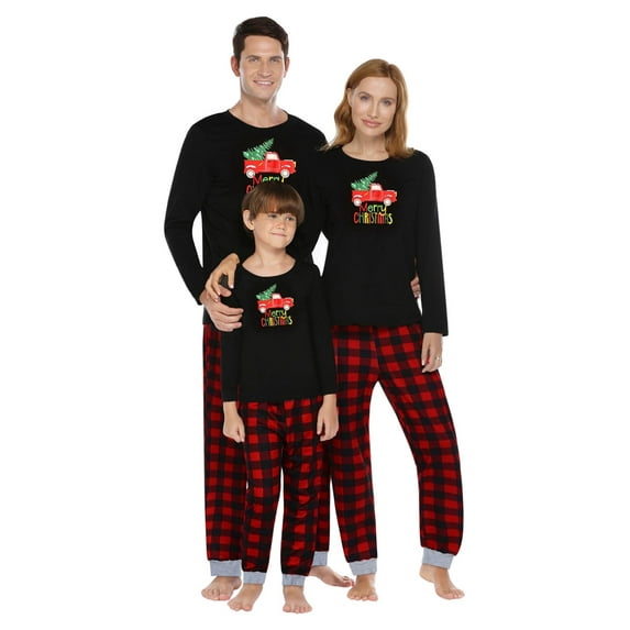 GRNSHTS Family Christmas Matching Outfits Clothes Set Truck Merry Christmas Tops Vintage Plaid Long Pants Sleepwear (Men/3XL)