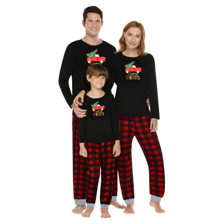 GRNSHTS Family Matching Christmas Pajamas Set Blue Xmas Pjs Set Adults Baby Kids 2PCS Christmas Tree Sleepwear Nightwear Black Women XXL