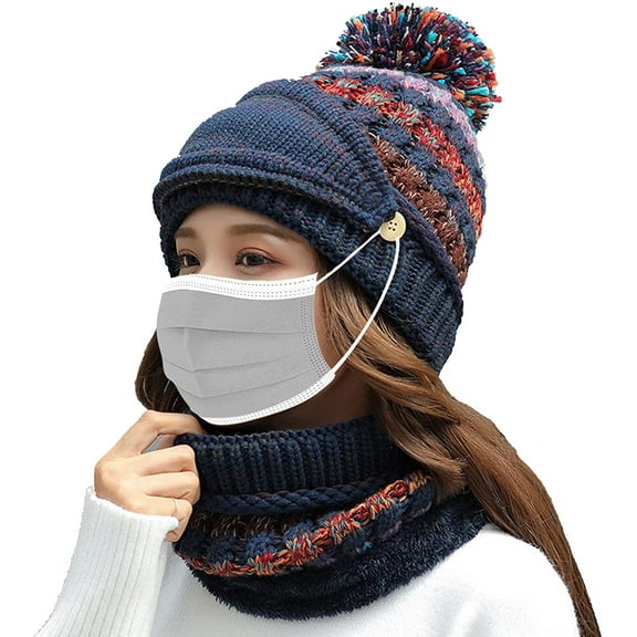 GRNSHTS Fleece Lined Winter Hats for Women Knit Beanie Hat Scarf Mask Set Warm Soft Slouchy Skull Cap with Pom Pom (Navy)