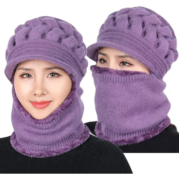 GRNSHTS Fleece Lined Womens Beanie Hat, Winter Hat Scarf Mask Set,Women's Winter Hat, Middle-Aged and Old Warm Earmuff hat