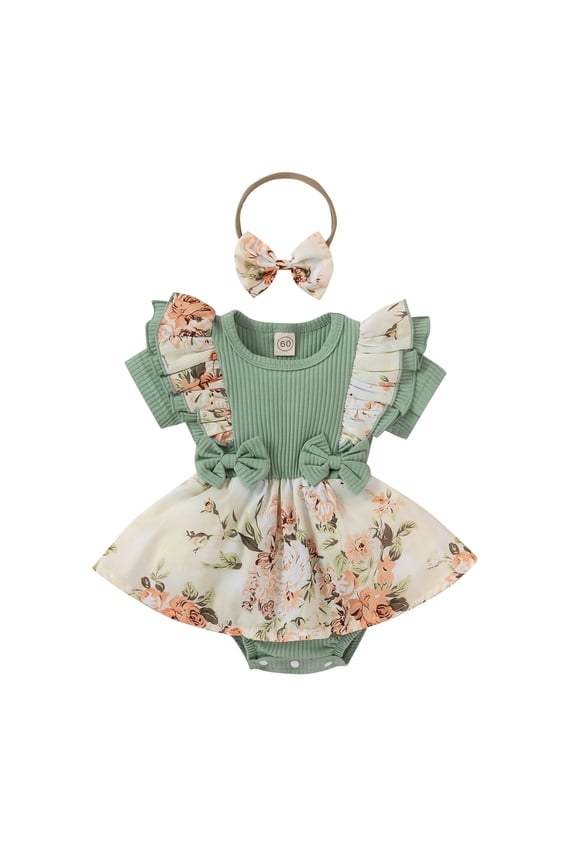 Infant Baby Girl Floral Bow Romper Short Sleeve Ribbed Bodysuit Ruffle Tutu Skirt Set Headband Summer Clothes (Green, 0-3 Months)