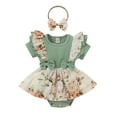 thumbnail image 1 of GRNSHTS Infant Baby Girl Floral Bow Romper Short Sleeve Ribbed Bodysuit Ruffle Tutu Skirt Set Headband Summer Clothes (Green, 9-12 Months), 1 of 9