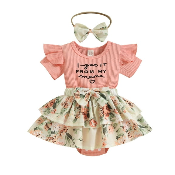GRNSHTS Infant Baby Girl Outfits "I got it from my mama" Letter Print Romper Tops   Floral Skirts   Headband Summer 3PCS Clothes Set (Pink,0-6 Months)
