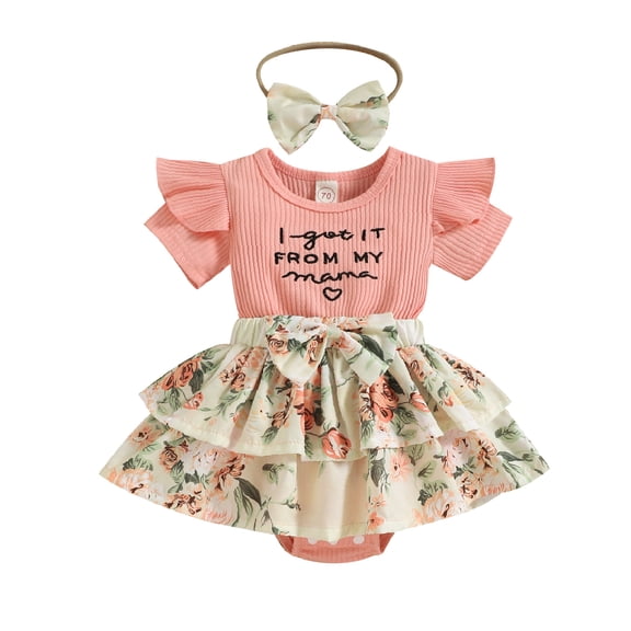 GRNSHTS Infant Baby Girl Outfits I got it from my mama Letter Print Romper Tops + Floral Skirts + Headband Summer 3PCS Clothes Set (Pink ,6-12 Months)
