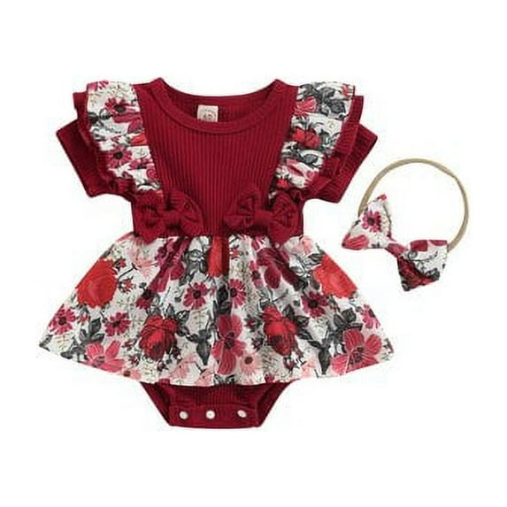 GRNSHTS Infant Baby Girl Summer Outfit Ruffle Sleeve Ribbed Romper Bow Floral Suspender Bodysuit Dress with Headband Clothes Set (Wine Red,12-18 Months)