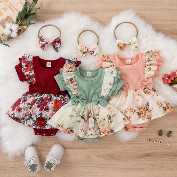 GRNSHTS Infant Baby Girls Summer Outfits Short Sleeve Ruffle Floral Print Tutu Skirt One Piece Romper Bodysuit Headband Set (Pink, 0-3 Months)