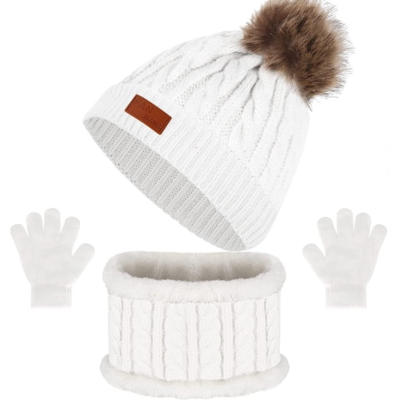 GRNSHTS Kids Hat Scarf Gloves Set, 3PCS Kids Winter Beanie Hat Scarf Gloves Set with Knit Thick Warm Fleece Lined for 1-6 Years Old (White)