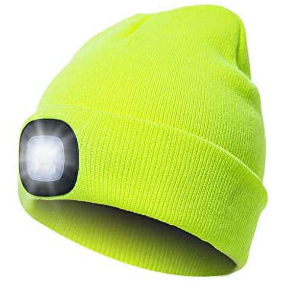 GRNSHTS LED Beanie Hat with Light, Unisex USB Rechargeable Knitted Lighted hat, Winter Warm Unisex Lighted Headlamp Cap for Fishing,Camping,Hunting (Fcuorescent Yellow)