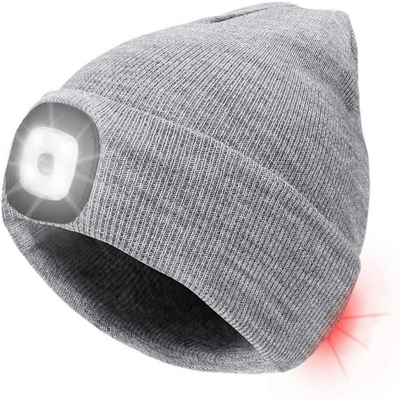 GRNSHTS LED Beanie Hat USB Rechargeable 8 LED Light Hat Winter Warm Knitted Beanie for Men and Women, Hand Free Front and Rear Lighting Headlamp Cap for Camping, Running, Cycling, Skiing (Grey)