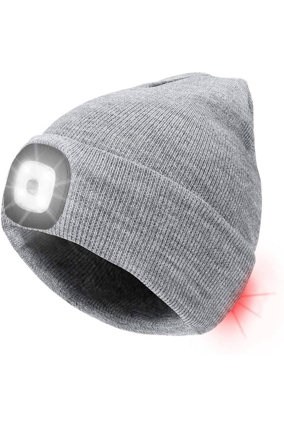 LED Beanie Hat USB Rechargeable 8 LED Light Hat Winter Warm Knitted Beanie for Men and Women, Hand Free Front and Rear Lighting Headlamp Cap for Camping, Running, Cycling, Skiing (Grey)