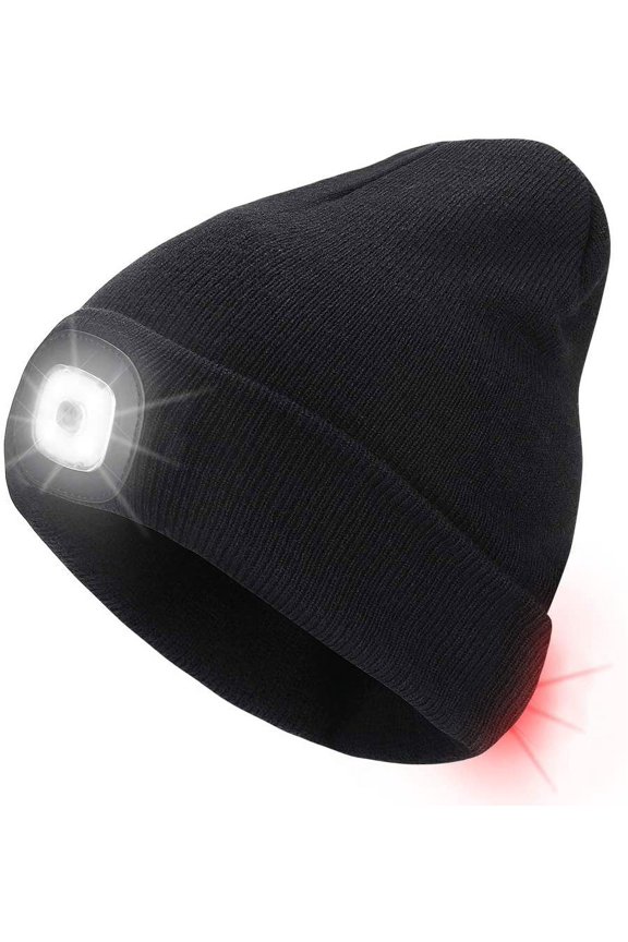 LED Beanie Hat USB Rechargeable 8 LED Light Hat Winter Warm Knitted Beanie for Men and Women, Hand Free Front and Rear Lighting Headlamp Cap for Camping, Running, Cycling, Skiing (Black)