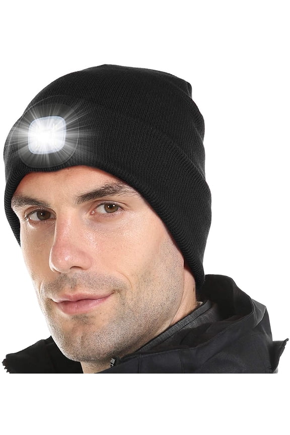 LED Lighted Beanie, Unisex Warm Knitted Hat, Rechargeable Headlamp Cap for Outdoors, Tech Gift for Men Dad Father Him