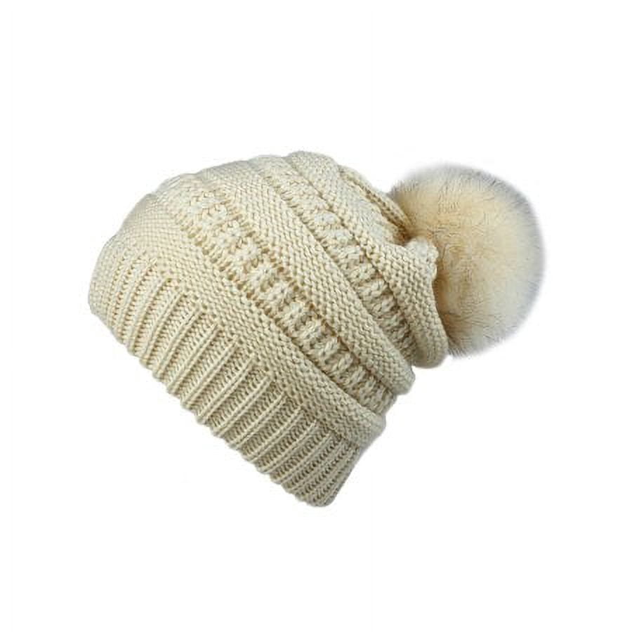 Women\'s Beige Winter Warm Knitted Beanie Faux Fur Pom Knit Skull Style Hat Cap C.C YJ820 - Thick Cable Knit Hat Faux Fur Pom Pom Fleece  main image 4