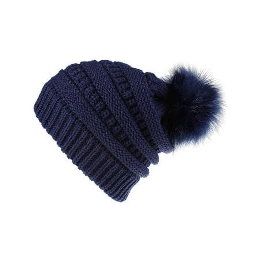Women\'s Blue Winter Warm Knitted Beanie Faux Fur Pom Skull Style Hat Cap Womens Winter Knitted Beanie Hat Faux Fur Pom Warm Knit  main image 4