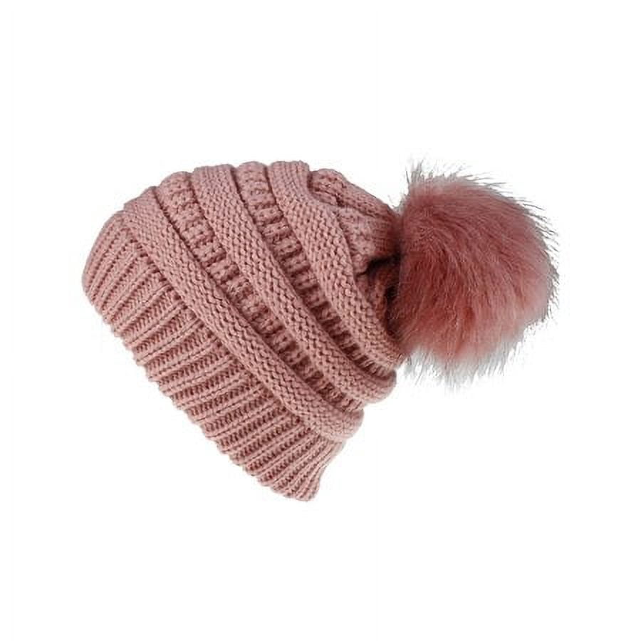 Women\'s Pink Winter Warm Knitted Beanie Faux Fur Pom Knit Skull Style Hat Cap PINKGIRL Faux Fur Winter Beanie Hat For Women - Fleece Lined  main image 4