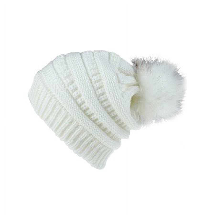 Women\'s White Winter Warm Knitted Beanie Faux Fur Pom Knit Skull Style Hat Cap Amazon.com: Women main image 2