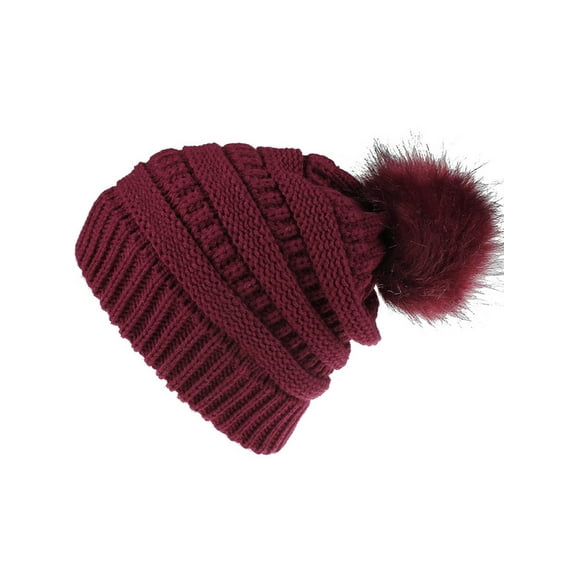 GRNSHTS Ladies Winter Knitted Beanie Hat with Faux Fur Pom Warm Knit Skull Cap Beanie for Women (Wine Red)