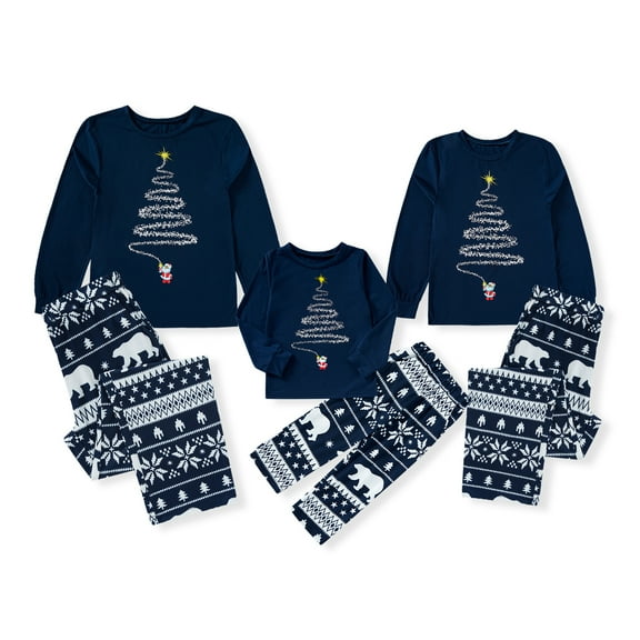 GRNSHTS Matching Family Christmas Pajamas Set Adults Kids Home Party Loungewear Holiday Xmas Tree Print Long Sleeve Tops and Pants (Blue Dad,L)