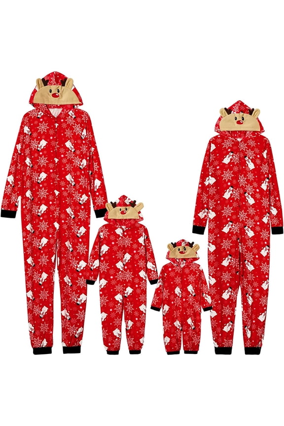 Matching Family Christmas Pajamas Sets Snowman Printed Hooded Romper PJ's Zipper Jumpsuit Home Loungewear (Mom,S)