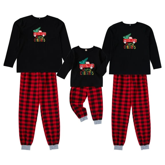 GRNSHTS Matching Family Pajamas Sets Christmas Matching Holiday Pjs Letter Print Top and Plaid Pants Sleepwear For Kids Mom Dad