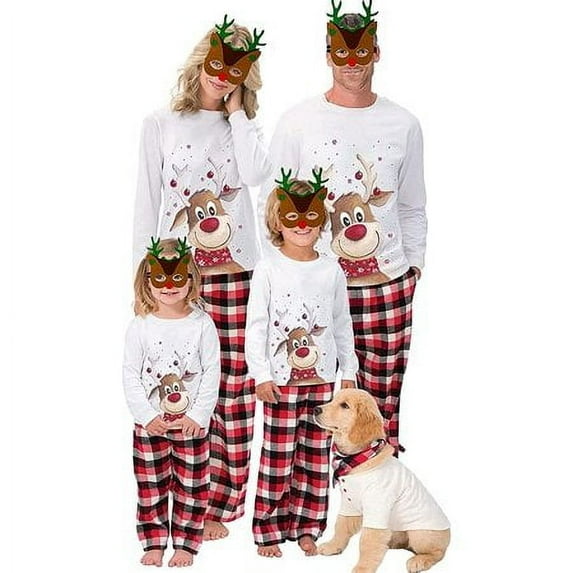 GRNSHTS Matching Family Pajamas Sets Christmas Matching Holiday Pjs Letter Print Top and Plaid Pants Sleepwear (White-Women/XL)