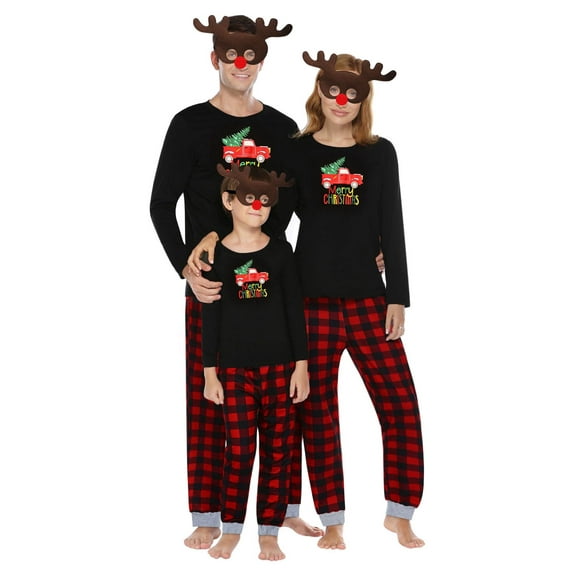 GRNSHTS Matching Family Pajamas Sets Christmas PJ's Letter Black Long Sleeve Tee and Plaid Pants Loungewear