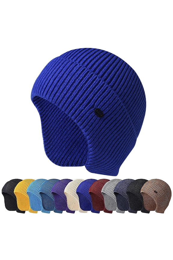 Men Women Knit Hat Winter Warm Stretch Beanie Ear Flaps Cap Outdoor Work Ski Skull Cap (Royal Blue)