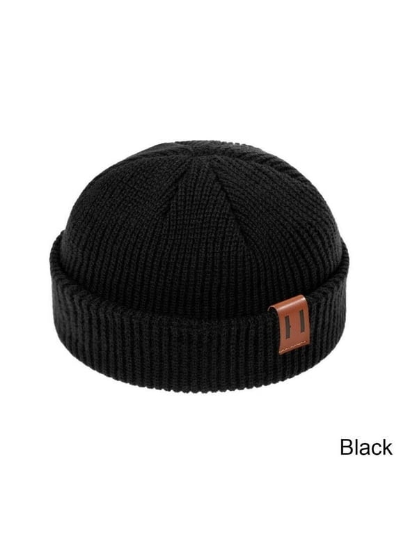 Mens Mini Short Fisherman Beanie Hat Winter Ribbed Docker Warm Knitted Skull Cap (Black)