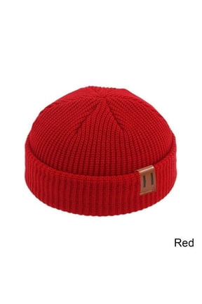 Mens Mini Short Fisherman Beanie Hat Winter Ribbed Docker Warm Knitted Skull Cap (Red)