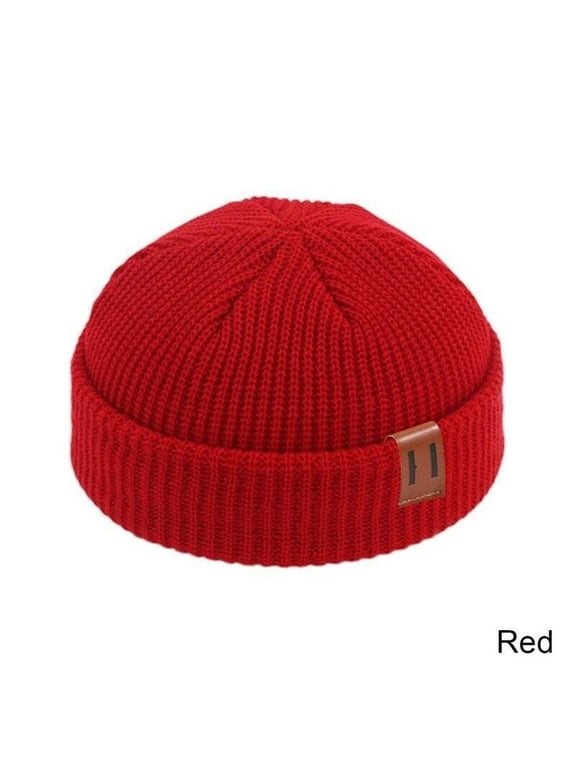 Mens Mini Short Fisherman Beanie Hat Winter Ribbed Docker Warm Knitted Skull Cap (Red)