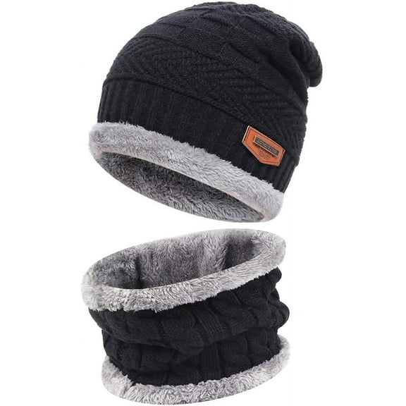 GRNSHTS Mens Womens Winter Beanie Hat Scarf Set Warm Knit Hat Thick Fleece Lined Winter Cap Neck Warmer for Men Women (Black)
