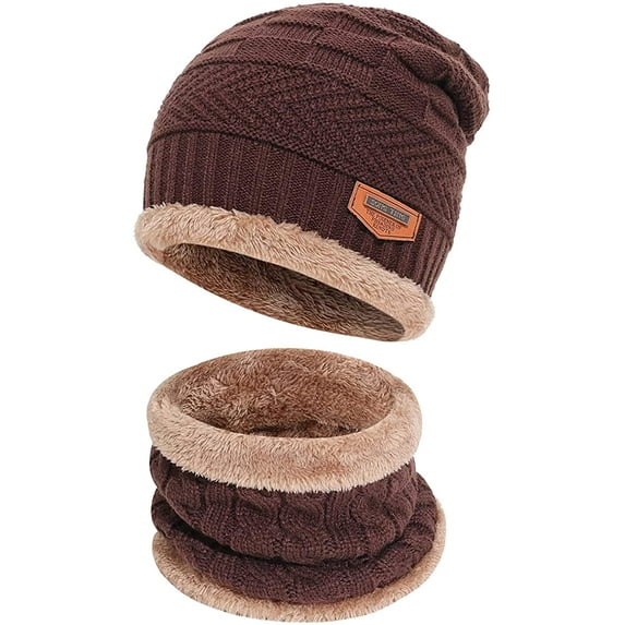 GRNSHTS Mens Womens Winter Beanie Hat Scarf Set Warm Knit Hat Thick Fleece Lined Winter Cap Neck Warmer for Men Women (Coffee)