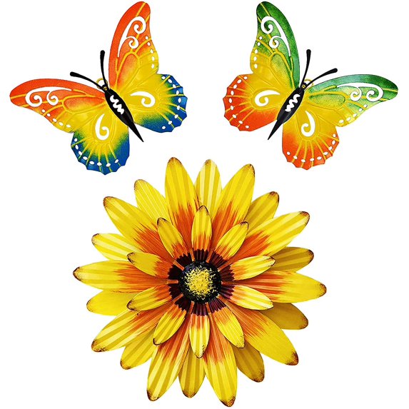 GRNSHTS Metal Flower and Butterfly Wall Decor, 3PCS Metal Outdoor Wall Art Decor, Metal Fence Art Wall Sculptures for Indoor Outside Garden Patio Wall Decorations