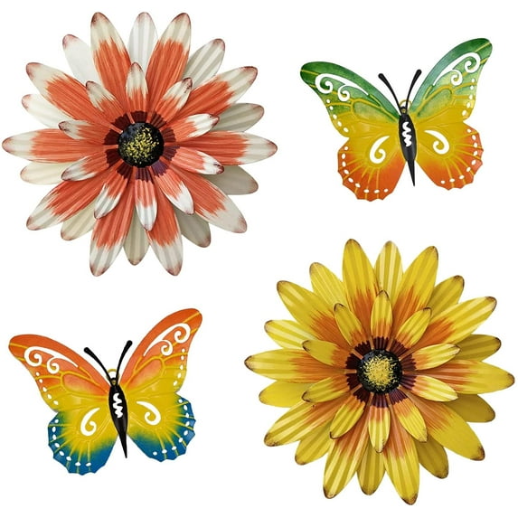 GRNSHTS Metal Flower and Butterfly Wall Decor, 4PCS Metal Outdoor Wall Art Decor, Metal Fence Art Wall Sculptures for Indoor Outside Garden Patio Wall Decorations